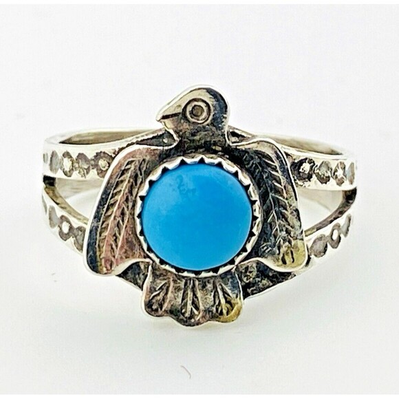 Bell Trading Post Thunderbird Ring Cigar Band Turquoise Cabochon Sz 4.75 Signed - Picture 2 of 12